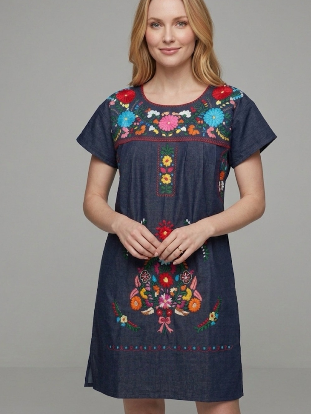 Handmade Mexican Artisan Denim Dress Floral Multi-Color Hand Embroidered  M/L
